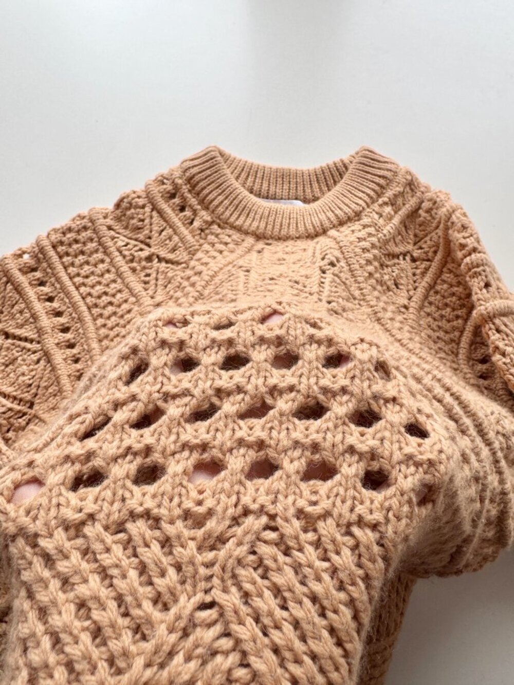 ZARA Tan Acrylic Wool Crochet Pointelle Knit Puff Sleeve Sweater, Size M - Picture 11 of 14
